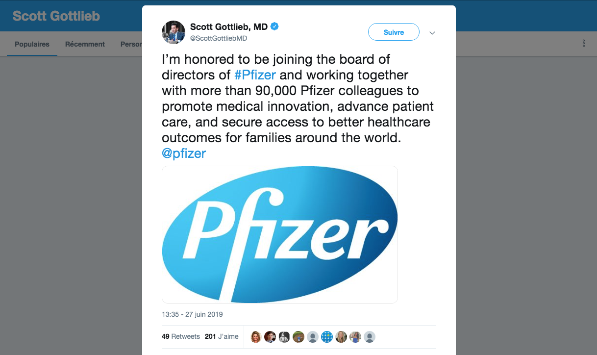 Scott Gottlieb intègre Pfizer